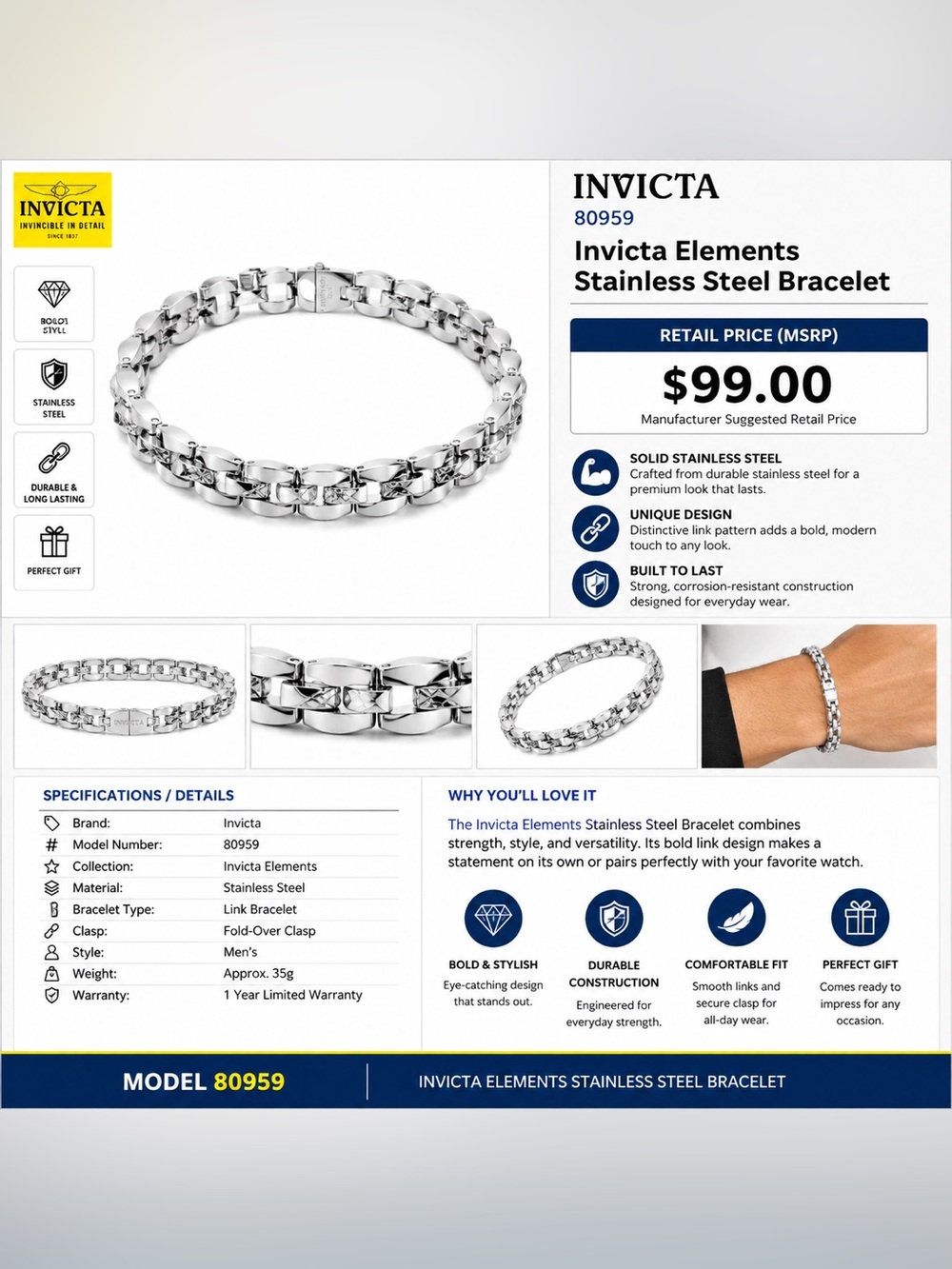 (NIP) ✨Invicta Elements Stainless Steel Bracelet – Model 80959